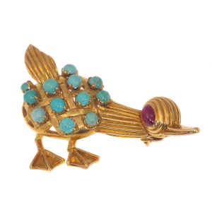 Vintage Fifties comical duck brooche with turquoises and ruby